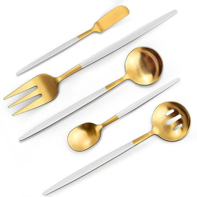 VANVRO Matte White Gold Serving Silverware Set, 5-Piece Round Shared Utensils Set of Stainless Steel, Hostess Flatware Serving Set, Satin Finish, Dishwasher Safe