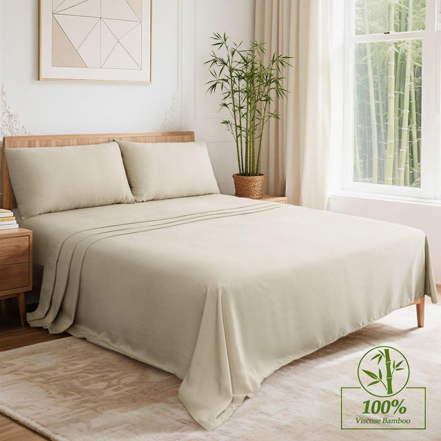 100% Viscose Bamboo Sheet Set - Silky Soft and Breathable Bedding for Hot Sleepers, Queen, Cream