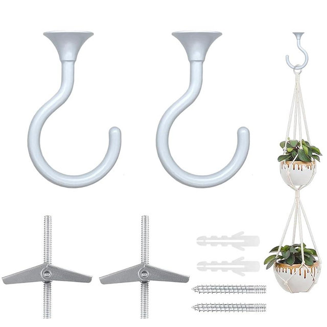 Evsteluo 2 Sets Large Swag Ceiling Hooks Heavy Duty Swag Hook with Hardware for Hanging Plants Ceiling Installation Cavity Wall Fixing (2 Sets, White)