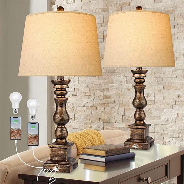 Touch Farmhouse Rustic Table Lamps Set of 2 for Living Room,3-Way Dimmable Resin Retro Bedside Nightstand Lamps Oatmeal Tapered Drum Shade for Bedroom with 2 USB Port and Outlet