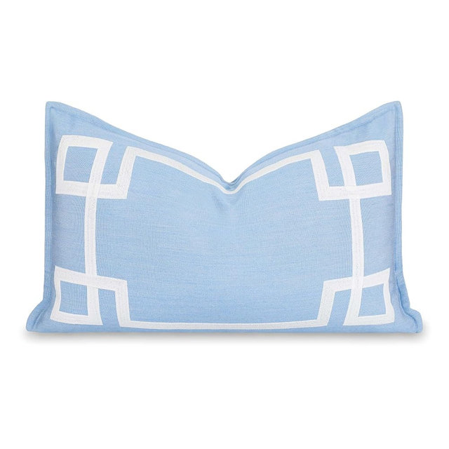 Hofdeco Premium Coastal Hampton Outdoor Performance Lumbar Pillow Cover Only, 12"x20" Water Repellent, UV and Fade Resistant for Backyard, Couch, Poolside, Azure Blue Embroidered Frame Greek Key
