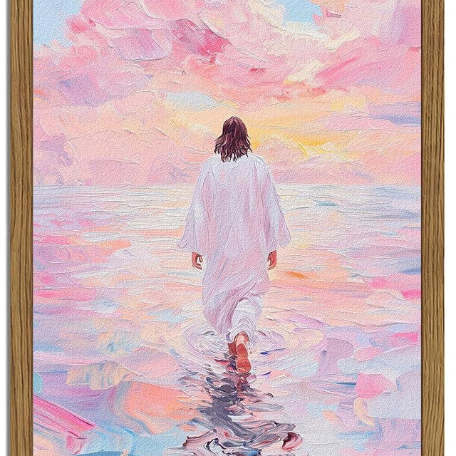 Pink Jesus Walking On Water Wall Art, Frame 3D Textured Hand Drawn Sandstone Christian Wall Decor Paintings Religious Savior Pictures for Living Prayer Room Bedroom, 12x16 in Wood Framed