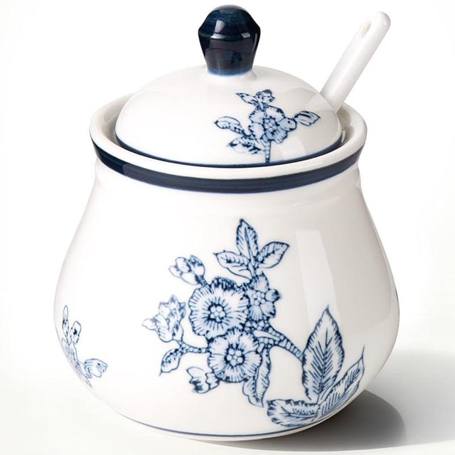 Magclay Ceramic Sugar Bowl with Lid and Spoon, 11Oz Sugar Container for Coffee Bar, Blue and White Sugar Jar/Dispenser, Flowers and Branches
