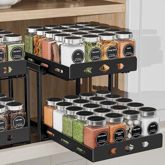 BOIVSHI Pull Out Spice Rack Organizer for Cabinet, 2-Tier Cabinet Spice Rack Organizer, Height Adjustable Vertical Spice Rack for Kitchen Cabinet (9.7''Wx10.8''Dx9.2''H, Metal Black)