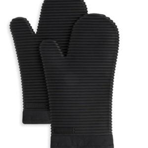 KITCHENAID Ribbed Soft Silicone Oven Mitt 2-Pack Set, Matte Black, 7.5"x13"