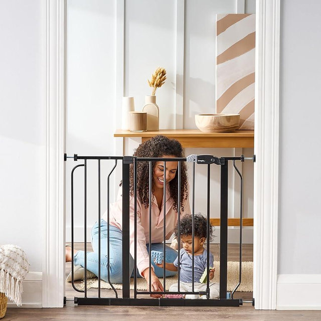 Regalo Easy Step 38.5-Inch Extra Wide Walk Thru Baby Gate, Award Winning Brand, Includes 6-Inch Extension Kit, 4 Pack Pressure Mount Kit, Black, 4 Pack Wall Cups and Mounting Kit