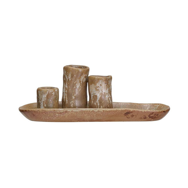Creative Co-Op Stoneware Vases and Candle Holder on Tray, Brown