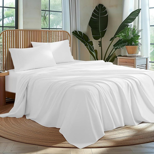 AiAngu 100% Egyptian Cotton Sheet Set 4 Piece, Luxury 1000 Thread Count Queen Sheets, Breathable & Cooling Sheets, 16" Deep Pocket, Machine Washable, Hotel Style Home Bedding(Queen,White)