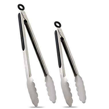 Hotec Stainless Steel Kitchen Tongs Set of 2 - 9" and 12", Locking Metal Food Tongs Non-Slip Grip (Black)