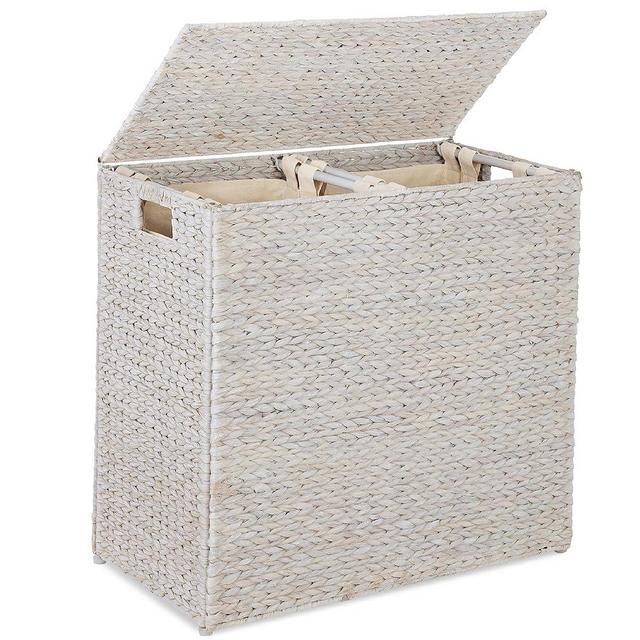 Best Choice Products Large Double Laundry Hamper with Lid, Natural Handwoven Water Hyacinth, 2 Sections w/ 2 Machine Washable Linen Liner Bags, Portable, Handles - White