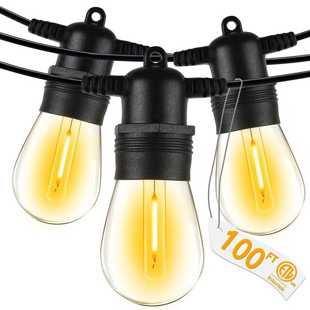 Ollny Outdoor String Lights, 100 FT Waterproof Connectable Patio Lights with 30 Shatterproof Bulbs(3 Spare), Outside Hanging Light for Balcony, Porch, Yard, Garden, Backyard