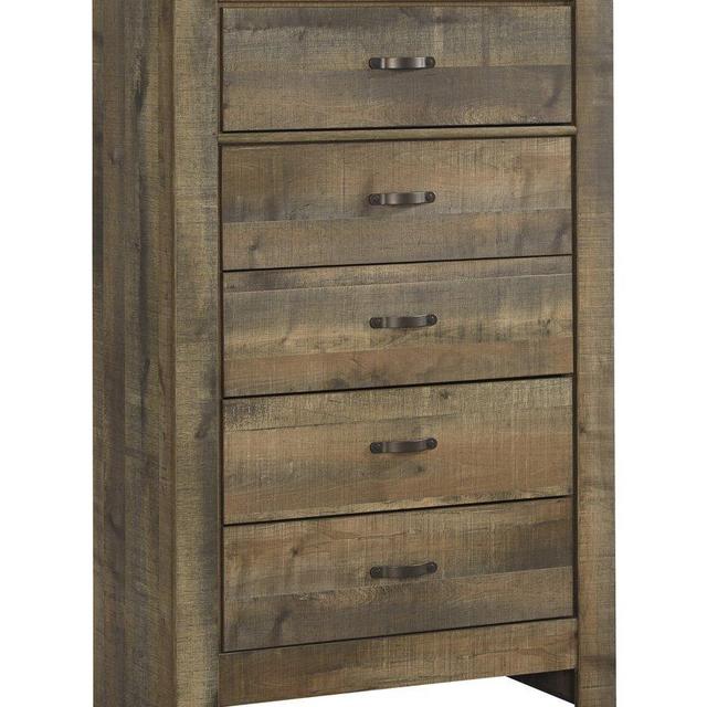 Ashley Trinell B446-46 34.25" 5-Drawer Chest with Replicated Oak Grain Metal Bracket Accents Plank Detailing and Side Roller Drawer Glides in