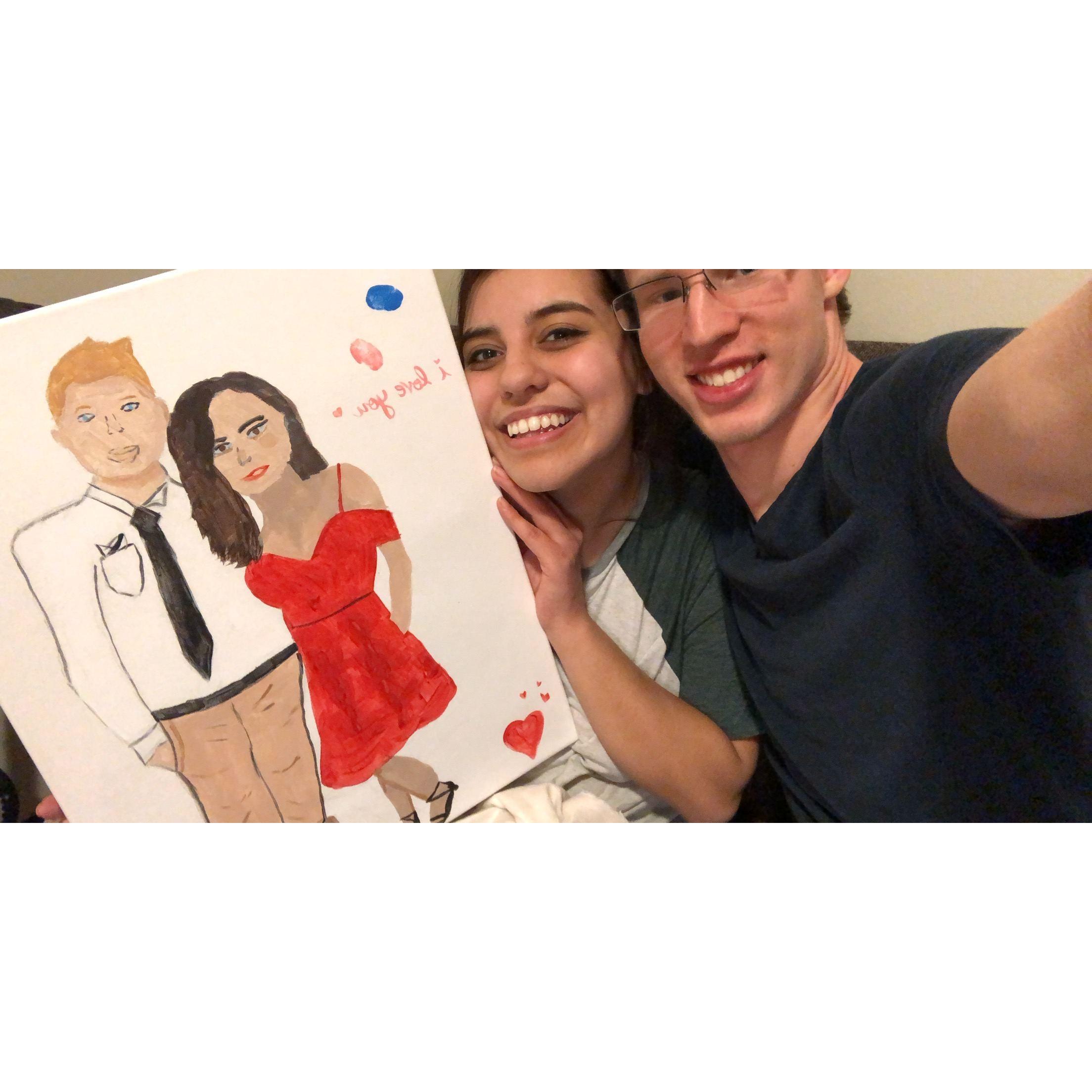 One Valentine’s Day, we had a paint night: Viktor drew Daisy and Daisy drew Viktor. Who did it better?
