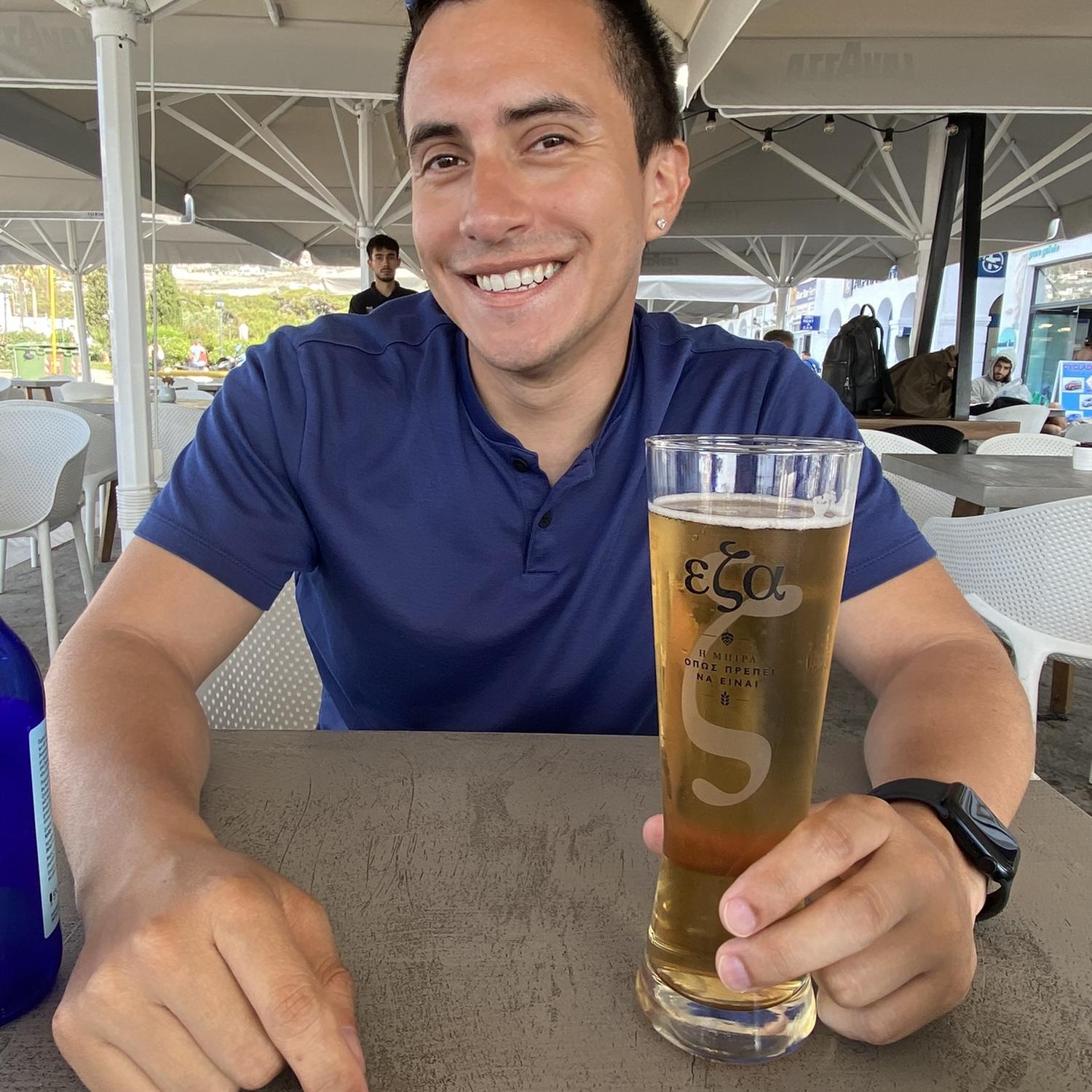 Having a beer in Greece before our next ferry