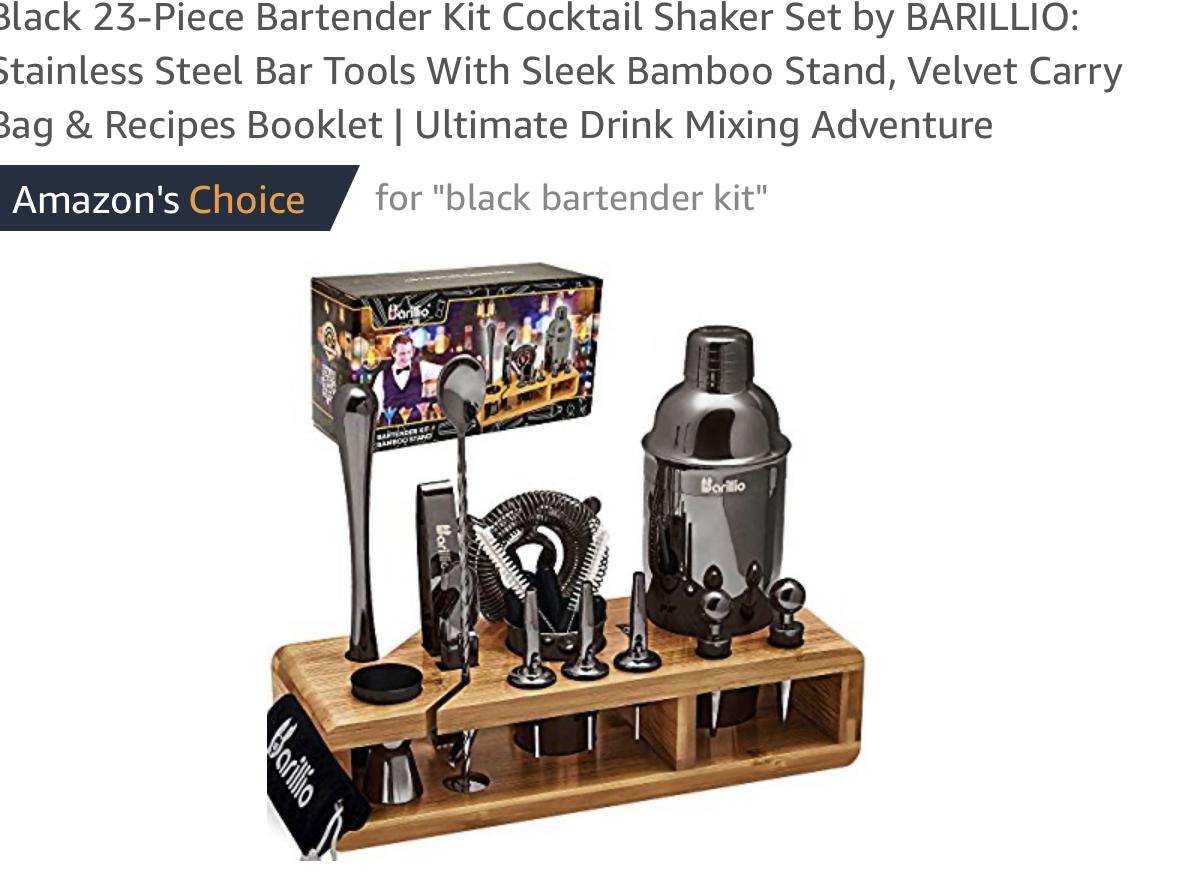 Black 23-Piece Bartender Kit Cocktail Shaker Set by BARILLIO: Stainless Steel Bar Tools With Sleek Bamboo Stand, Velvet Carry Bag & Recipes Booklet | Ultimate Drink Mixing Adventure