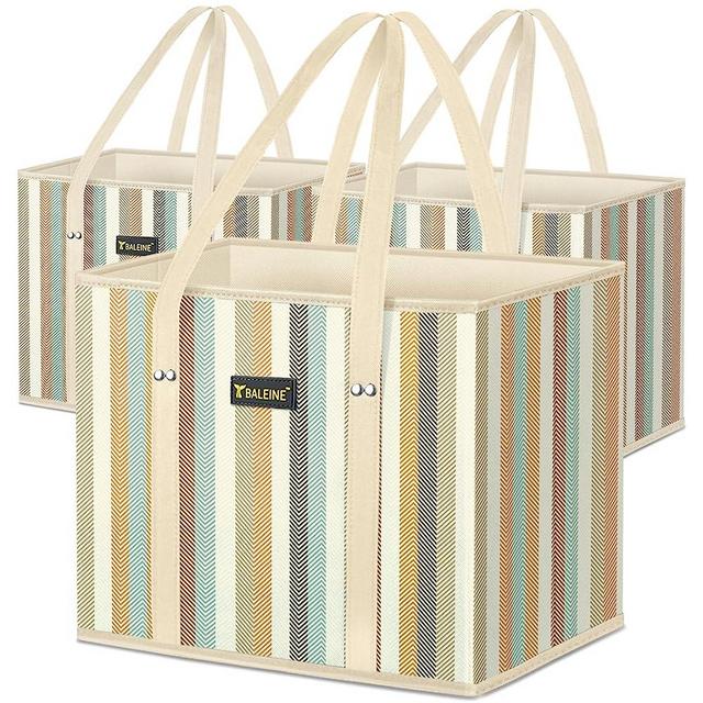 BALEINE 3Pk Reusable Grocery Bags, Foldable Shopping Bags for Groceries with Reinforced Bottom & Handles (Color Stripe)