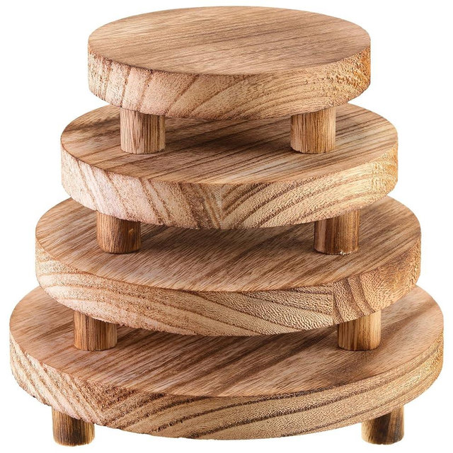 Geetery 4 Pcs Wooden Risers for Display Wood Pedestal Stand for Display Mini Riser Stand Round Wooden Riser Holder Rustic Riser for Decor Tiered Tray Decor Riser for Home Kitchen, 4 Size (Light Brown)