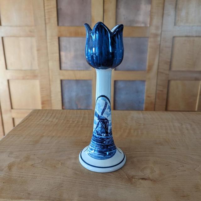 Delft Tulip Shaped Vintage Candlesticks Holder, Hand-painted Blue And White Windmill Dutch Signed Candle Holder