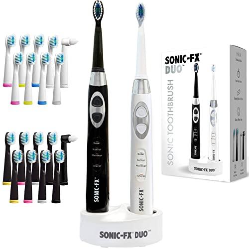 Sonic-FX Duo Dual Handle Whitening Electric Sonic Toothbrush - 3 Modes, Smart Auto-Timer - with Charging Dock and 12 Brush Heads - Black and White