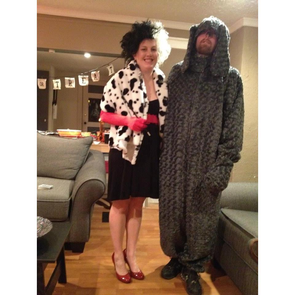 Our first Halloween together (without coordinating), I showed up as Cruella de Vil and he showed up as a dog [Wilfred].