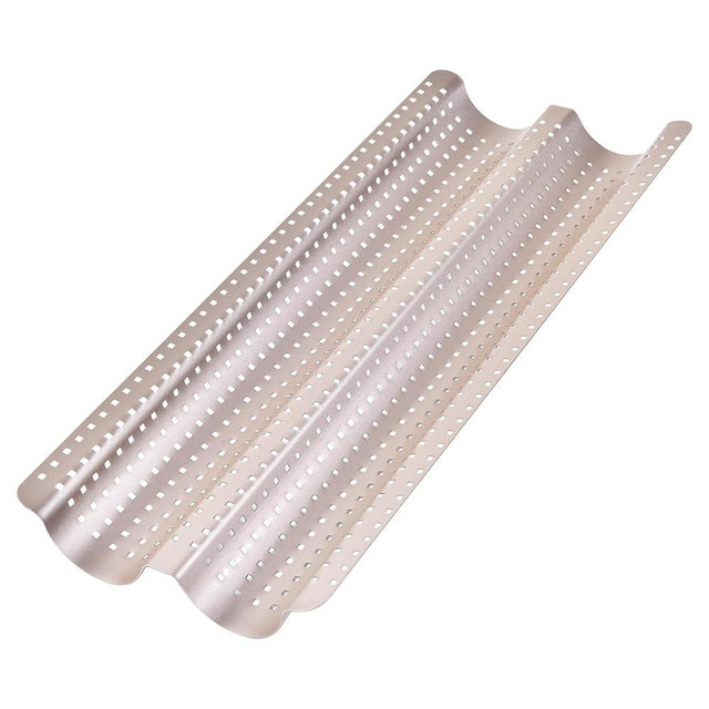 Bakeley French Baguette Bread Pan, Perforated 2 Loaves Baguette Baking Pan, 14.75" x 9.45", Non-Stick Ultra-Ventilate French Bagette Bread Pan for Oven Baking (Champagne Gold)
