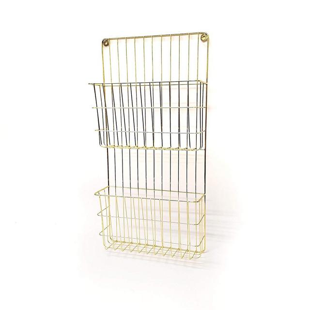 160091 - Two Tier Wall File Holder – Gold Finished Durable Metal Rack with Spacious Slots for Easy Organization, Mounts on Wall and Door for Office, Home, and Work – by Designstyles