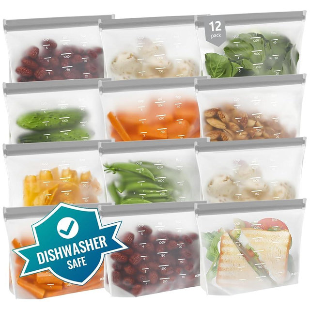 Dishwasher Safe Reusable Storage Bags Stand Up - BPA Free PEVE Reusable Sandwich Bags - Leakproof Gallon Freezer Bags, Silicone Food Storage Bags (Grey (12 Sandwich))
