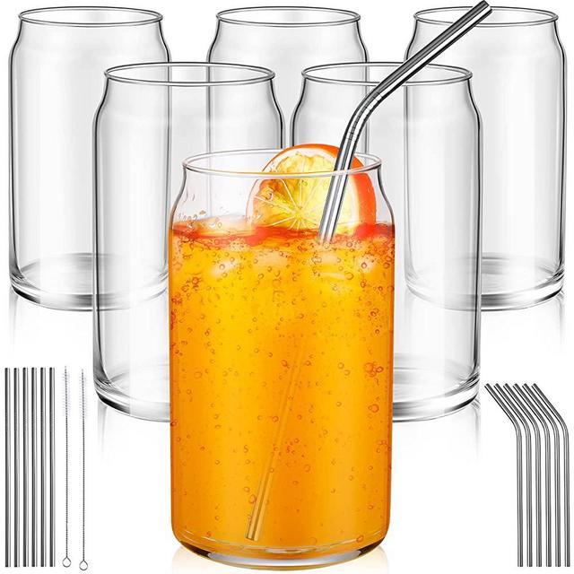 6 Pieces Classic Can Shaped Glass Cup 16 Oz Large Glass Tumbler Clear Elegant Coffee Glass Cups Drinking Glasses, 12 Pieces Silver Straws and 2 Pieces Straw Brushes for Beverages Drinking