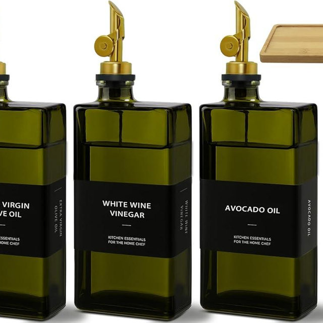 Gelury Olive Oil Dispenser Bottle for Kitchen with Bamboo Tray- Glass Oil and Vinegar Dispenser Set 16.9oz, Soy Sauce & Syrup Bottle, Modern Hostess Gift (Green, 16.9oz, Set of 3)