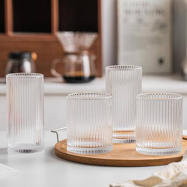 INSETLAN 12-Piece Ribbed Glassware - 6 Highball Glasses 12 oz, 6 Rocks Glass Cups 14 oz, Vintage Cocktail Drinking Glasses, Ideal for Wine, Juice, Water, Ice Coffee Cup, Whiskey, Mixed Drinkware