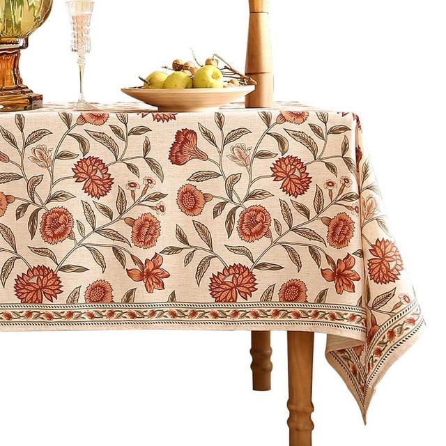 ISAENNE Floral Rectangle Tablecloth,Linen Table Cloth with Orange Flowers and Green Leaves Pattern,Heavy Durable Table Cover for Dining Thanksgiving Kitchen Party Banquet Christmas,55"*71"