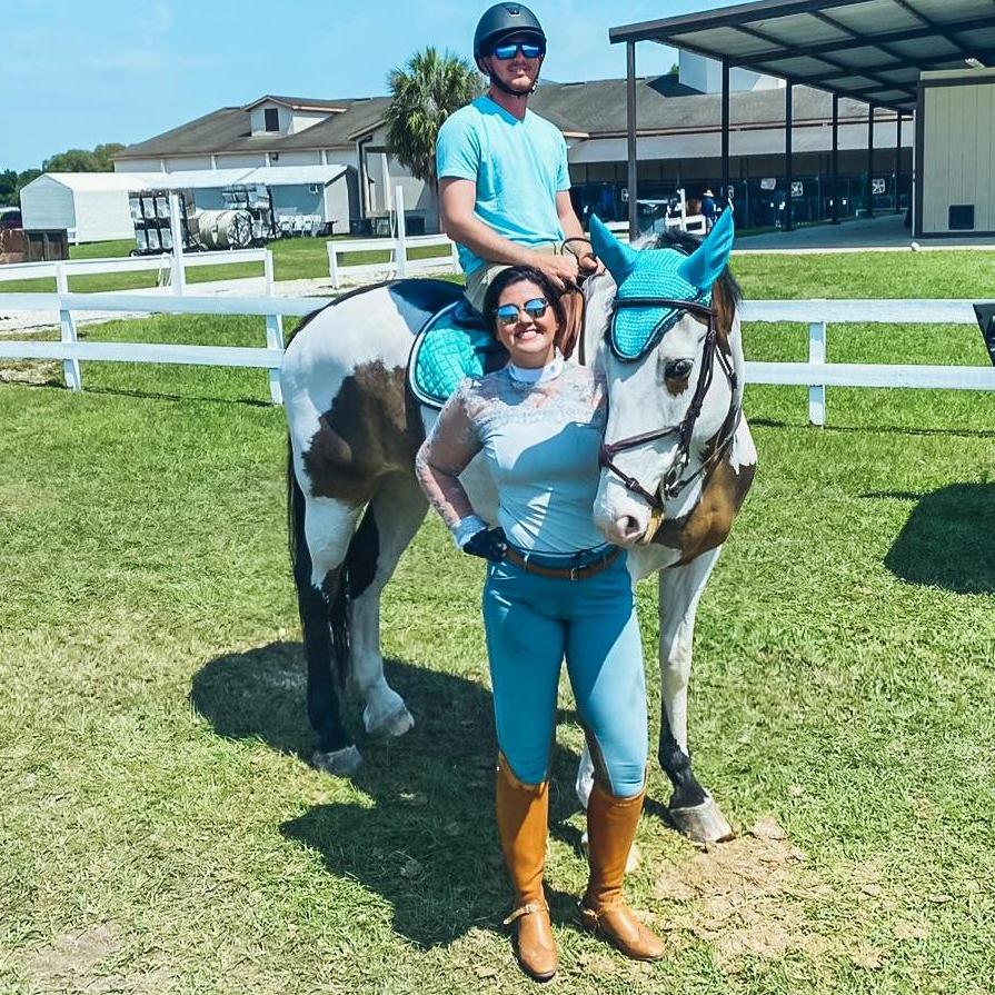 Kasey hops on BigBoy "BB" for a quick photo op after Christie finishes showing in the jumper ring at Grand Oaks. Circa May 2021