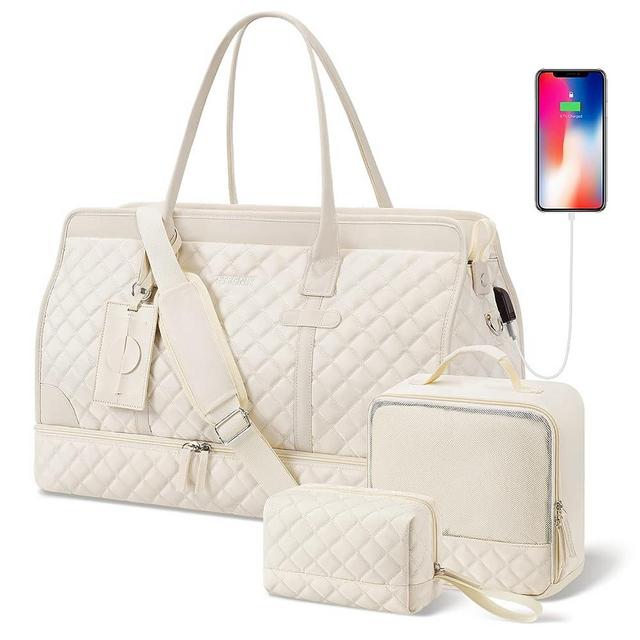 ETRONIK Weekender Overnight Bag for Women, Large Travel Duffle Bag with Shoe Compartment & Wet Pocket, Carry On Tote Bag Gym Duffel Bag with Toiletry Bag, Bag for Hospital 4 Pcs Set, Beige