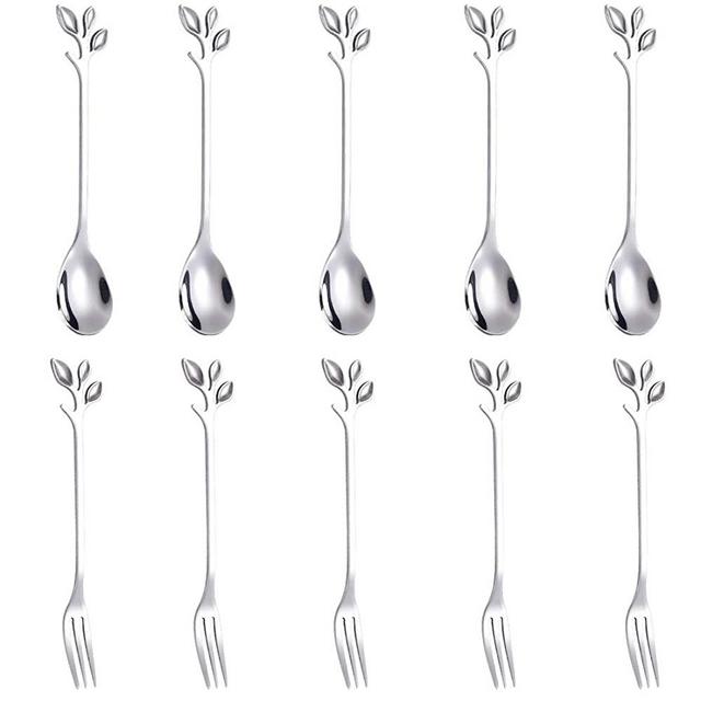 AnSaw 10-Piece Stainless Steel Silver Leaf Coffee Cake Spoon Fork-Creative Tableware Dessert Spoons, Stirring, Mixing, Sugar, Stir, Ice Cream,Fruit, Cake, Teaspoon Set(Silver-5Spoon+5Forks)