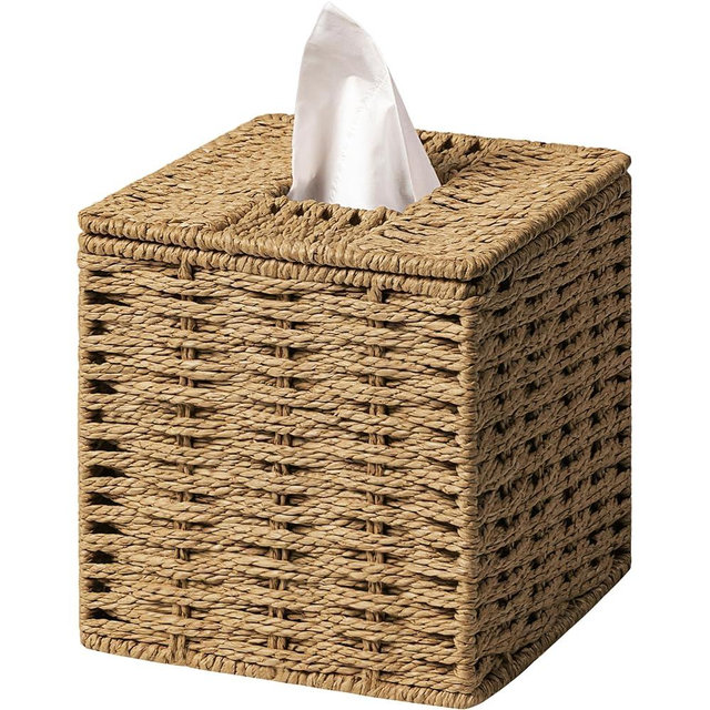 Tissue Box Cover, Paper Rope Hand Woven Square Tissue Box Holder for Home Decor, Bathroom Countertop, Office, Bedside Table, Brown