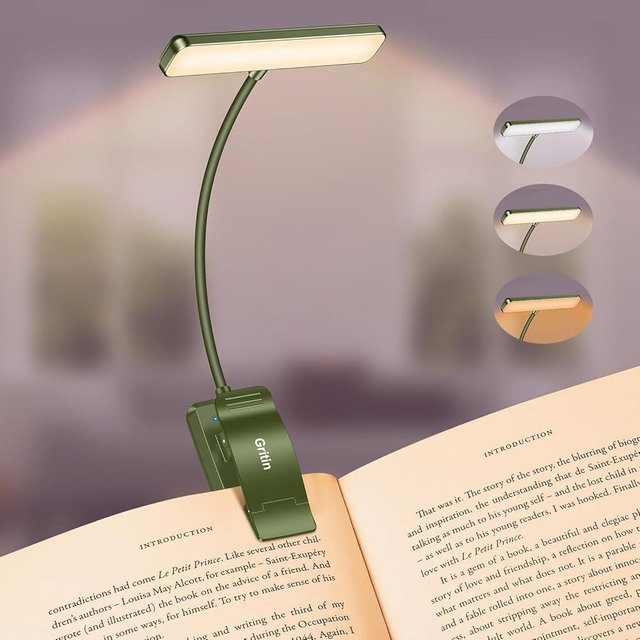 Gritin 19 LED Rechargeable Book Light for Reading in Bed with Memory Function- Eye Caring 3 Color Temperatures,Stepless Dimming Brightness,80 Hrs Runtime Clip on Light for Book Lovers-Dark Green