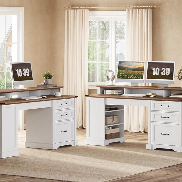 RALGEND 2 Pack 55'' Farmhouse Executive Desk with Drawers, Computer Desk with File Cabinet and Side Bookshelf, Writing Gaming Desk with Monitor Stand, White and Walnut