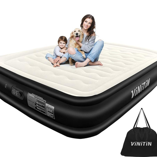 Vinitin Air Mattress Queen with Built in Pump, 18" Elevated Inflatable Blow Up Mattress with Self-Inflation/Deflation, Soft Flocked Top Air Bed for Guest, Home,Camping, 80x60x18in, Max 660lb, Black