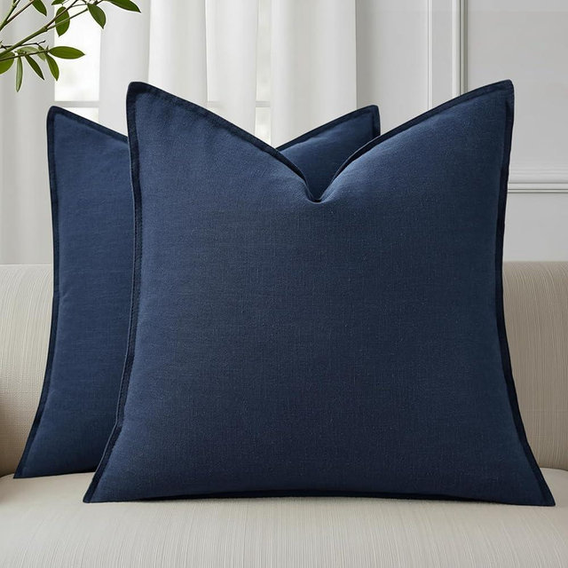 decorUhome Summer Decorative Linen Euro Sham Throw Pillow Covers 26x26 Inch Set of 2 Navy Blue Pillow Covers with Flange Edges Soft Farmhouse Boho Accent Pillow Cases for Couch Bed Living Room