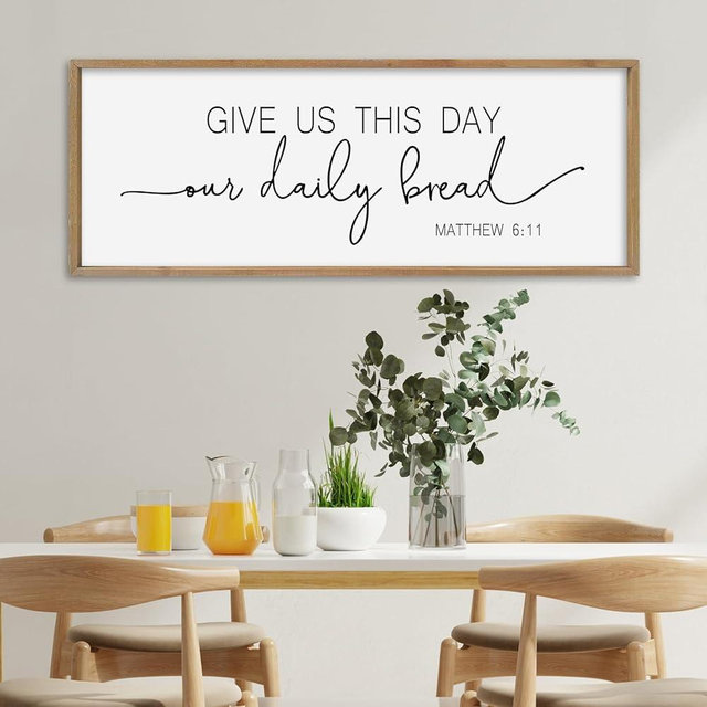 SRSZHIYUE Kitchen Wall Decor Bible Verse Give Us This Day Our Daily Bread Sign 32"x12" Large Farmhouse Dining Room Religious Plaque Rustic Christian Catholic Horizontal Wall Hanging Art (Wood)