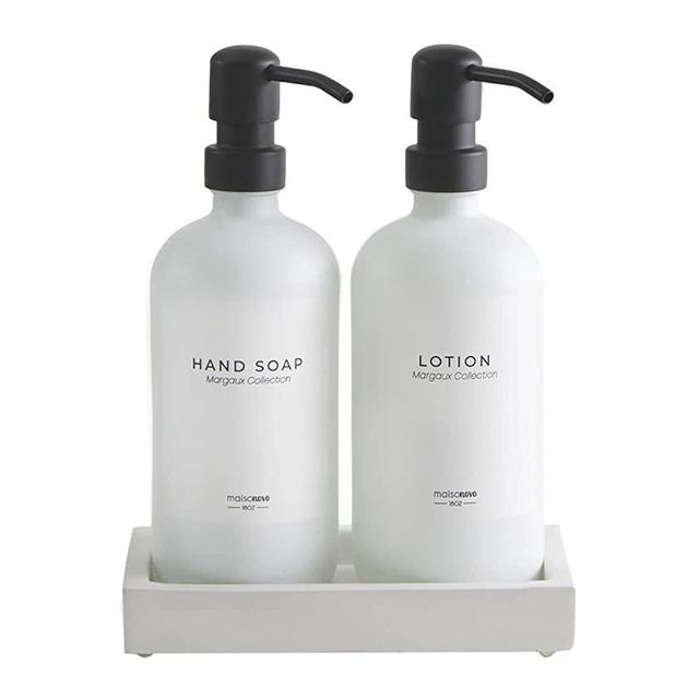 MaisoNovo Glass Soap Dispenser with Pump and Concrete Tray(Upgraded) | Vintage Soap Dispenser Bathroom & Kitchen Set w. Dish Soap, Hand Soap, Lotion Waterproof Labels (White Bottles + Black Pump)