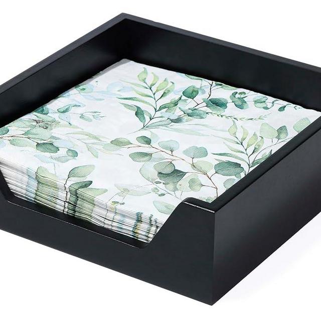 Napkin Holder for Table, 7.36" x 7.36" x 2.36" Wooden Napkin Dispenser with Side Large Opening for Paper Napkins, Modern Style Square Napkin Holder, Home Kitchen Dining Tabletop Decor, Black
