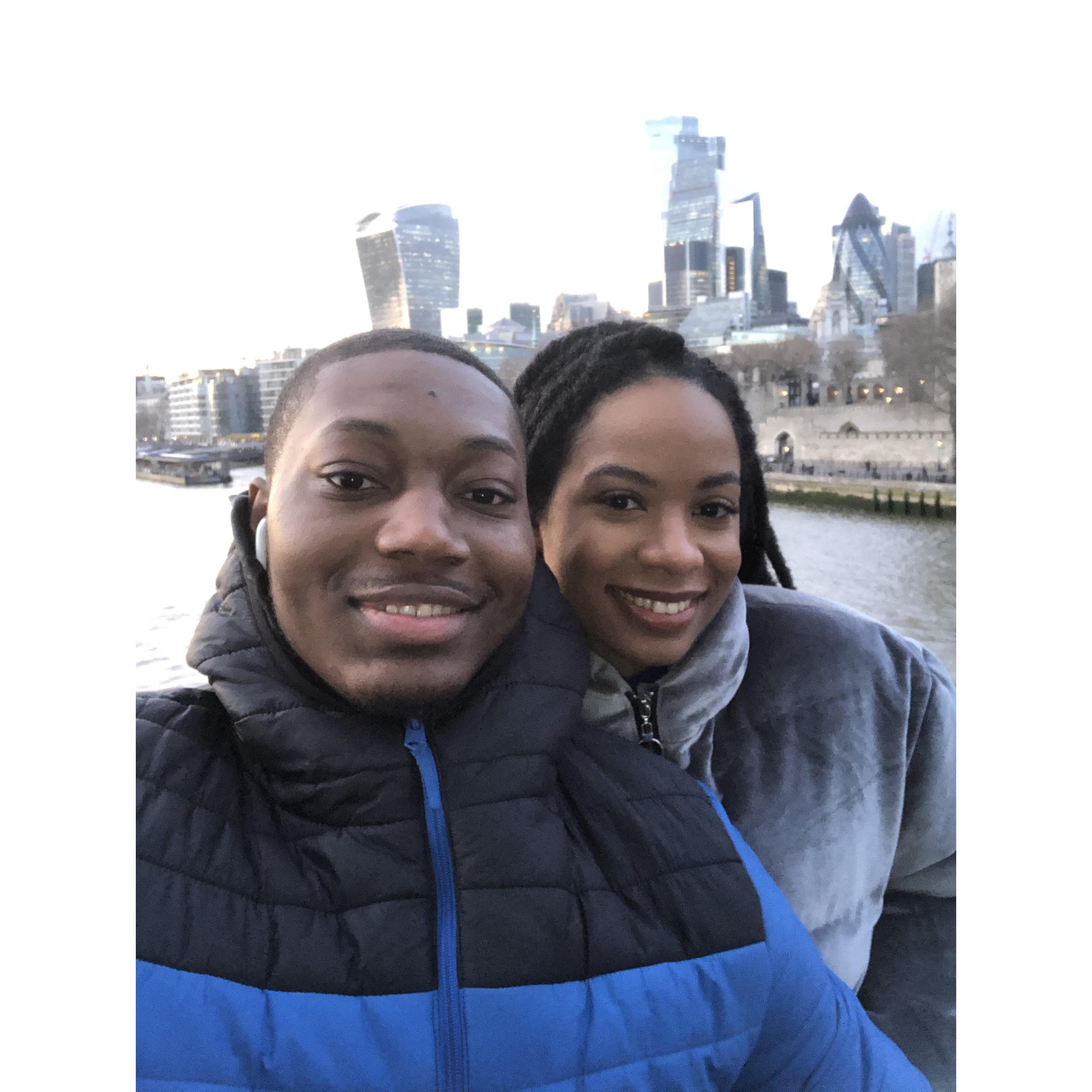 Our first time traveling to London. We were on the tower bridge overlooking the River Thames.