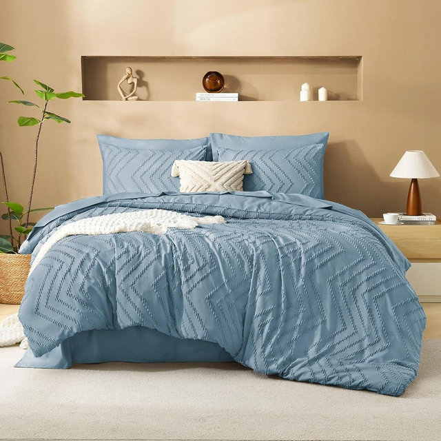 Litanika Oversized King Size Comforter Set with Sheets Grey Blue - 7 Pieces Bed in a Bag Oversized King Boho Tufted Complete Bedding Sets with Comforter, Sheets, Pillowcases & Shams