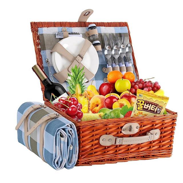 HYBDAMAI Willow Picnic Basket Set for 4 Persons with Waterproof Picnic Blanket, Large Wicker Picnic Basket for Camping, Outdoors, Valentine's Day, Christmas, Thanksgiving, Birthday (Blue＆Grey Grid)