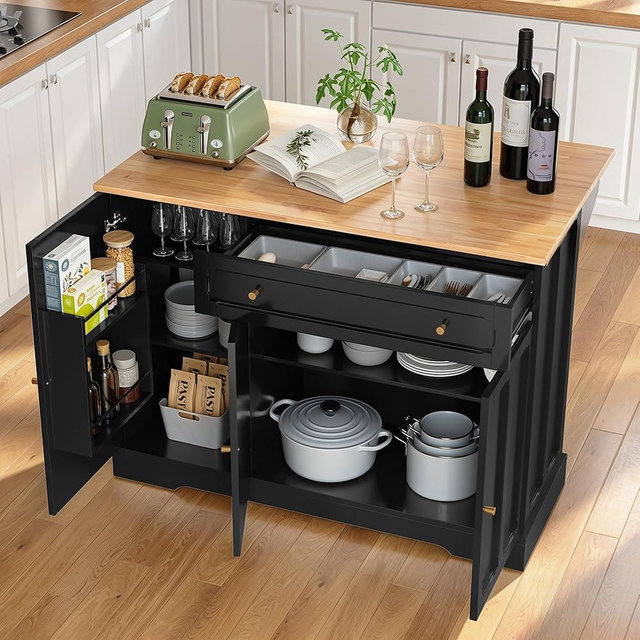 HLR Kitchen Island Cart with Storage, Carved Doors Modern Rolling Islands with Drop Leaf, Sideboard Buffet Cabinet on Wheels, Working Table for Kitchen, Dining Room (Black)
