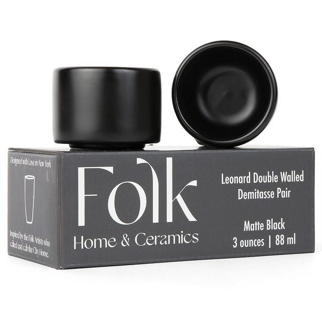 Folk Ceramics Leonard Double Walled Ceramic Espresso Cups | Set of 2, 3oz, Matte Black | Modern Insulated Stackable Demitasse Mugs for Espresso| Handleless, Durable, Dishwasher & Microwave Safe