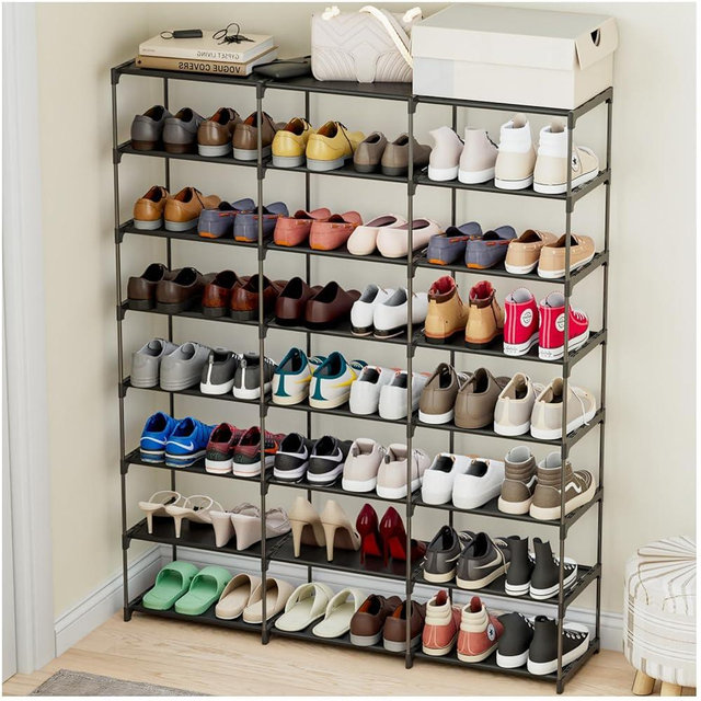 SMILHELTD Shoe Rack 3 Row 8 Tier 40-60 Pairs Shoes Boots with Plastic Plate Home Storage Organizer Shelf Entryway Hallway Closet Garage Front Doorway Shoes Tower