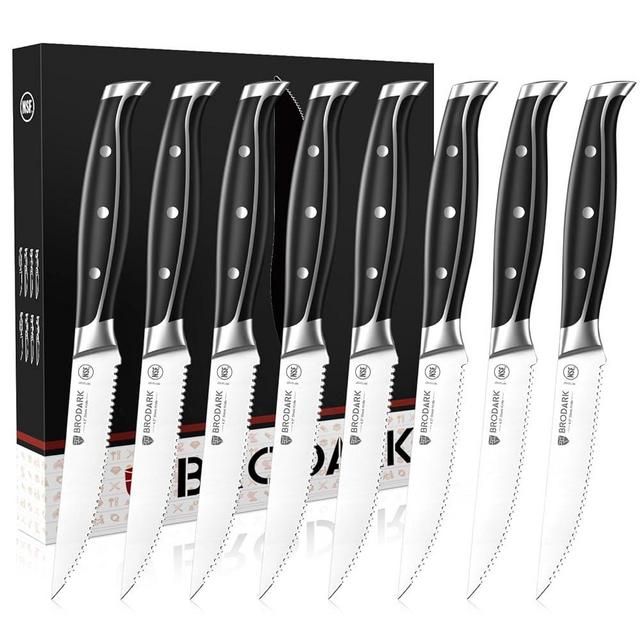 BRODARK Steak Knives, Serrated Steak Knives Set of 8 with Full Tang Handle, Dishwasher Safe Stainless Steel Steak Knife Set, NSF Certified, Steel-King Series