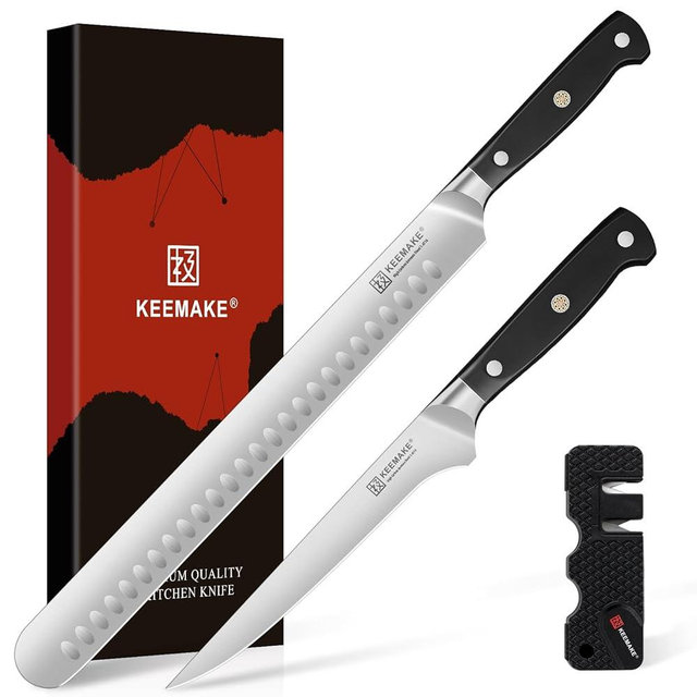 KEEMAKE BBQ Carving Knife Set, Brisket Knife and Boning Knife for Meat Cutting, High Carbon Stainless Steel Sharp Knives Set for Kitchen, Carving Knives for Roast Meat Ham Turkey